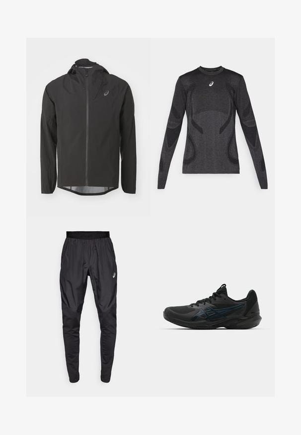 Veste noire imperméable avec une fermeture éclair à l'avant, une capuche réglable et des manches longues. Présente une texture lisse et un logo subtil sur la poitrine.; Haut de sport à manches longues en gris foncé, avec des accents de design texturé en gris clair. Encolure ronde avec logo sur la poitrine.; Pantalons de sport noirs avec une taille élastique, des poches latérales et des panneaux de texture contrastée sur les jambes. Logo Asics sur la hanche.; ASICS SOLUTION SPEED FF 3 CLAY - Chaussures de tennis pour terre-battueerre battue - black/prism blue