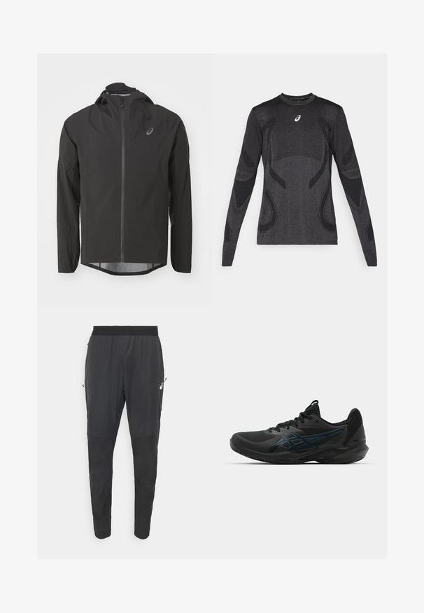 Schwarze wasserdichte Jacke mit Reißverschluss vorne, verstellbarer Kapuze und langen Ärmeln. Hat eine glatte Textur und ein dezentes Logo auf der Brust.; Langärmliges Sportoberteil in Dunkelgrau mit strukturierten Designelementen in Hellgrau. Rundhalsausschnitt mit Logo auf der Brust.; Schwarze Sporthosen aus leichtem, wasserabweisendem Material, mit einem schmal zulaufenden Design, elastischem Bund und seitlichen Reißverschlusstaschen.; ASICS SOLUTION SPEED FF 3 CLAY - Tennisschuh für Sandplätze - black/prism blue