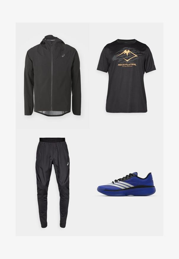 Svart vanntett jakke med glidelås foran, justerbar hette og lange ermer. Har en jevn tekstur og en subtil logo på brystet.; ASICS FUJITRAIL LOGO TOP - T-skjorte til trening - performance black; Svarte treningsbukser med elastisk midjebånd, sidelommer og kontrasterende teksturpaneler på bena. Asics-logo på hoften.; adidas Performance ADIZERO SELECT 3.0 - Basketballsko - lucid blue/core black/metallic