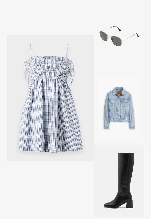 Svijetloplava traper jakna s skraćenim dizajnom, dva džepa na prsima, srebrnim trakama na rukavima i metalnim gumbima.; Plava i bijela karirana haljina s smockiranim tijelom, tankim trakama i lepršavom suknjom, izrađena od laganog materijala. Sadrži detalje s vezicom.; ONLY SHOES ONLBIJOU KNEE HIGH BOOT - Čizme - black; Naočale s metalnim okvirom u zlatnoj boji i tamnozelenim lećama, avijatičarskog stila, sa tankim drškama i kornjačevim naglascima na vrhovima.; Crna pravokutna torba od quiltane kože s zlatnim lančićem i kopčom na preklop koja ima okrugli akcent. Kompaktna pravokutna forma.