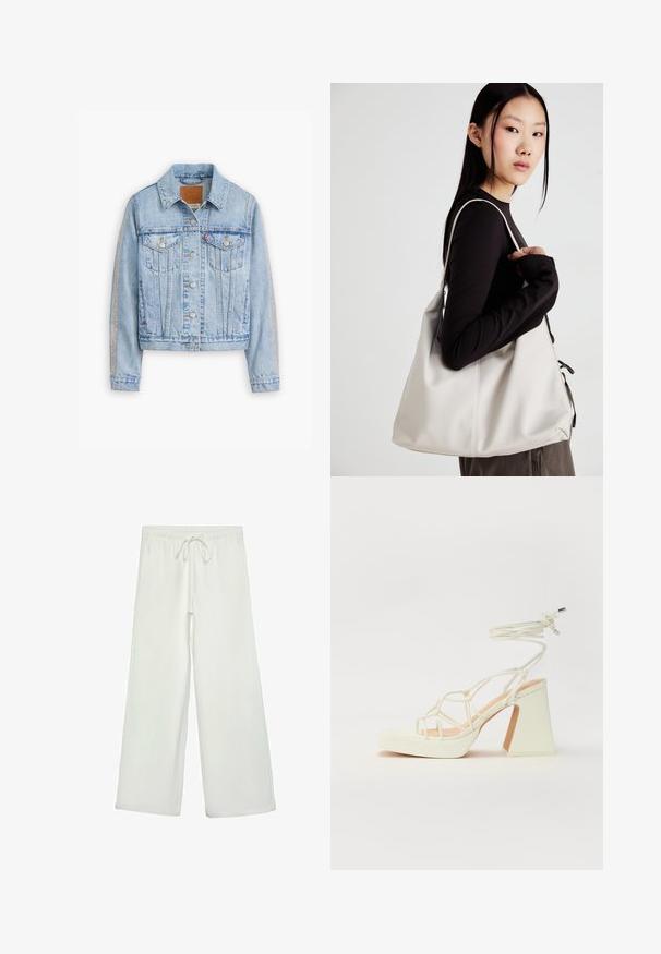 Ljusblå denimjacka med en kort design, två bröstfickor, silverrandiga detaljer på ärmarna och metallknappar.; Vit t-shirt med kort ärm i bomull. Har en rundad halsringning och en avslappnad passform. Slät textur utan synliga mönster eller detaljer.; Vita vida byxor i mjukt tyg. Har en elastisk midja med dragsko och en slät yta. Inga synliga mönster eller metalldetaljer.; Vit högklackad sandal med en kraftig klack, med ett remdesign och ankelband. Slät textur med en plattform framtill för ökad höjd.; Beige handväska tillverkad av mjukt material, med en avslappnad design, sydda detaljer och två axelremmar. Lämplig för dagligt bruk.