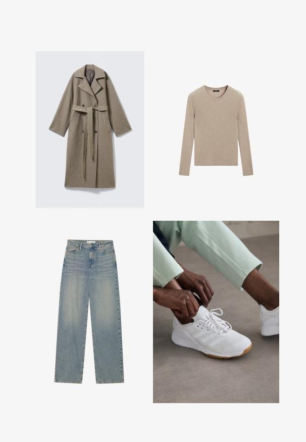 Beige wollen lange jas met een ceintuur in de taille, een kraag met inkeping, een dubbele knoopsluiting aan de voorkant en twee zijzakken. Gestructureerde stof en een losse pasvorm.; Massimo Dutti RIBBED CREW NECK - Trui - LIGHT BROWN; Lichtblauwe high-waist spijkerbroek met rechte pijpen, voorzakken, riemlussen en zichtbare knoop- en ritssluiting.; Witte sportieve schoen met een mesh bovenkant, rubberen zool en een design met drie strepen. Veters worden versteld; lichtgrijze en mintgroene kleding zichtbaar.