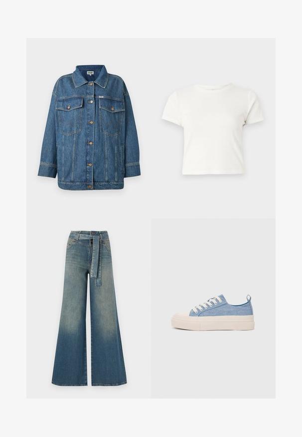 Modrá džínová bunda s predným zapínaním na gombíky, dvoma náprsními vreckami so klopami, bočnými vreckami a kontrastným prešívaním.; Krátke biele tričko vyrobené z bavlny s krátkymi rukávmi, okrúhlym výstrihom a rovnými okrajmi, s hladkou textúrou a minimálnym dizajnom.; Džínsy s širokými nohavicami, ktoré majú prechod od svetlomodrej po tmavomodrú, vysoký pás, pútka na opasok a opasok z rovnakého materiálu. Textúrovaný denimový povrch.; Svetlomodré plátené tenisky s krémovou gumovou špičkou a podrážkou, obsahujúce biele šnúrky a pútko na päte.