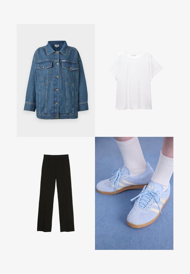 Modra denim jakna s gumbi na sprednji strani, dvema žepoma s poklopcem na prsih, stranskima žepoma in podrobnostmi z kontrastnim šivanjem.; Bela majica s kratkimi rukavi, izdelana iz mehkega in lahkega blaga. Ima okroglo ovratnico ter kratke, široke rokave z udobnim krojem. Brez vidnih vzorcev.; Črne široke hlače iz gladkega materiala, z oprsnikom in diskretnimi sprednjimi plisami za dodano teksturo.; Svjetloplave suede tenisice s bijelim trakama, ravnim vezicama i gumenenim potplatom. Iznad gležnja su nošene rebraste bijele čarape.