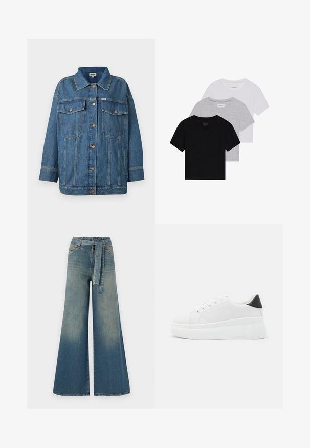 Blå denimjakke med knappes front, to brystlommer med klaff, sidelommer og kontrastsøm detaljer.; Sett med tre kortermede t-skjorter i svart, grått og hvitt. Laget av bomull, med rund hals og en enkel, ensfarget design.; Bredde ben jeans med en lyseblå til mørkeblå gradient, høyt liv, beltehemper og et matchende belte i samme stoff. Teksturert denimoverflate.; Hvite plattform sneakers laget av glatt syntetisk materiale, med rund tå, snøring og en strukturert gummisåle. Svart hæl akcent.