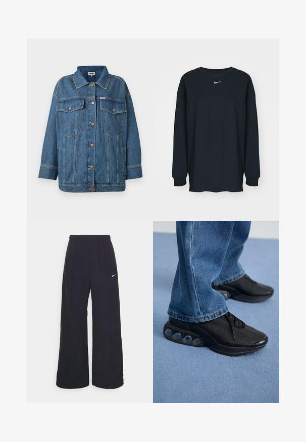 Kék farmerdzseki gombos elülső résszel, két gombos zsebbeli mellzsebbel, oldalsó zsebekkel és kontrasztos varrással.; Fekete, hosszú ujjú pamut póló kerek nyakkivágással. Fehér Nike logó található a mellrészen. Puha tapintás, egyszerű design.; Fekete, bő szárú nadrág rugalmas derékpánttal és egy kis fehér Nike logóval. Anyaga sima tapintású, kényelmes és mindennapi viseletre lett tervezve.; Fekete sportcipők hálós felsőrésszel, textúrázott részletekkel és a talpban látható lég párnázó zsebekkel. Kék farmernadrággal viselve.
