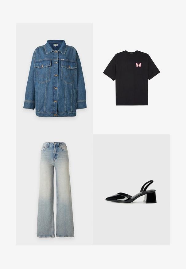 Blue denim jacket with button front, two button-flap chest pockets, side pockets, and contrast stitching details.; Black cotton t-shirt with short sleeves, featuring a small pink butterfly graphic on the left chest. Crew neck design with a relaxed fit.; Light blue wide-leg jeans made of denim, featuring a high waist, five pockets, and visible stitching along the seams.; Black patent leather slingback heels with a pointed toe and a geometric block heel. Features a sleek, minimal design and smooth texture.