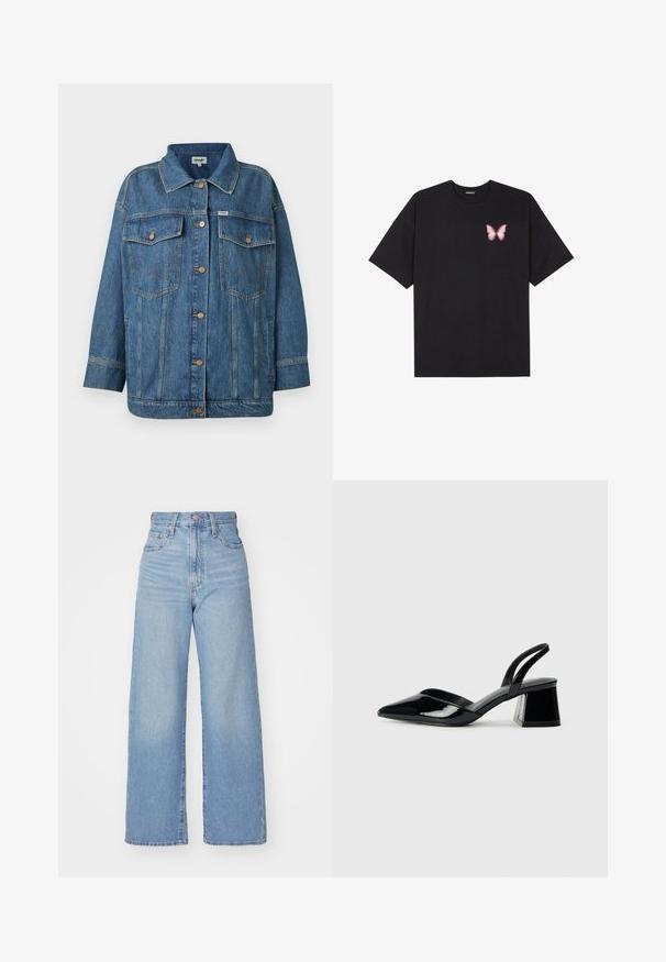 Jachetă din denim albastru cu închidere cu nasturi, două buzunare cu clape pe piept, buzunare laterale și detalii cu cusături în contrast.; Tricou negru din bumbac cu mâneci scurte, având pe partea stângă a pieptului un mic grafic cu un fluture roz. Design cu guler rotund și croială lejeră.; Jeans cu talie înaltă, de culoare albastru deschis, cu croială largă, dotate cu nasture și fermoar la față, buzunare în față și spate, pe un fundal alb.; Pantofi cu toc slingback din piele lacuită neagră, cu vârf ascuțit și toc geometric. Prezintă un design elegant, minimalist și o textură netedă.