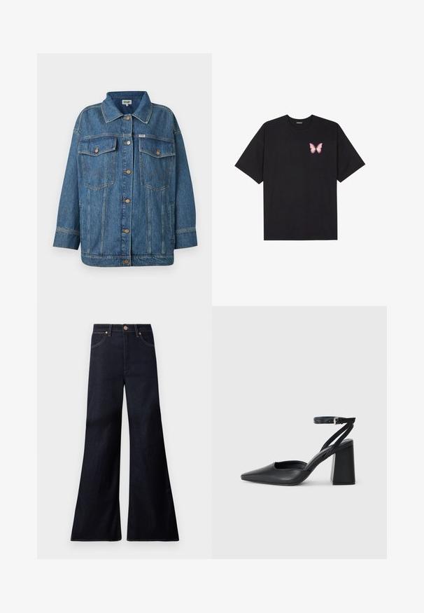 Plava traper jakna s prednjim dugmetima, dva džepa s preklopom na prsima, bočni džepovi i detalji s kontrastnim šavovima.; Crna pamučna majica s kratkim rukavima, s malim grafičkim prikazom ružičaste vjetricaste s desne strane na prsima. Dizajn s okruglim izrezom i opuštenim krojem.; Tamno plave široke traperice napravljene od denima. Karakteristike uključuju prednje kopčanje na dugme, bakrene detalje i kontrastno šivanje duž šavova.; Crne kožne cipele s špicastim vrhom, remenom oko gležnja i debelim potplatom. Ravna tekstura, elegantan dizajn i minimalistička estetika.
