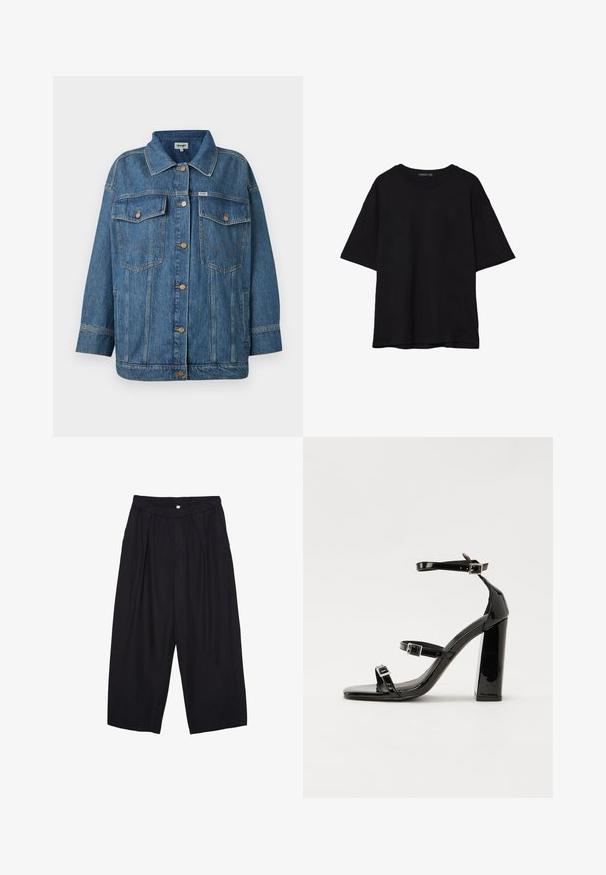 Blå denimjacka med knäppning fram, två bröstfickor med knäppning, sidfickor och detaljer med kontraststygn.; Svart bomull T-shirt med avslappnad passform, korta ärmar, rundad halsringning och en mjuk textur. Inga synliga mönster eller accenter.; Svarta polyester culottbyxor med elastisk midja, två framfickor och en lös silhuett. Inga synliga mönster eller hårdvarudetaljer.; Svarta lackerade klacksandaler med fyrkantig tå, ankelremmar och silverfärgade spännen. Har en kraftig blockklack för stabilitet.