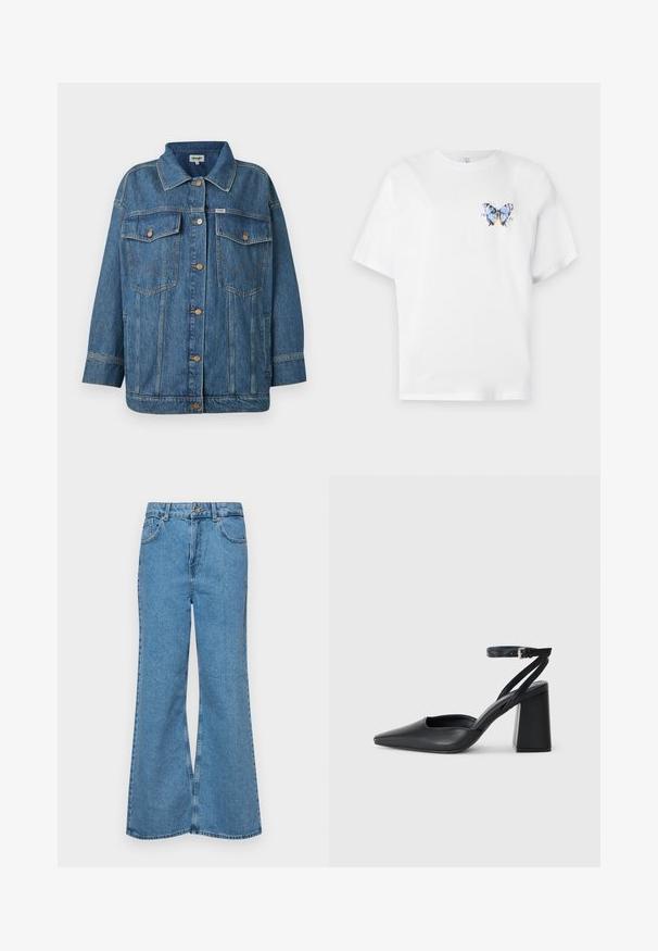 Modrá džínová bunda s predným zapínaním na gombíky, dvoma náprsními vreckami so klopami, bočnými vreckami a kontrastným prešívaním.; Biela bavlnená tričko s farebnou potlačou motýľa na ľavej hrudi. Krátke rukávy a uvoľnený strih.; Svetlomodré rozšírené džínsy vyrobené z denimu, s vysokým pásom, piatimi vreckami a jednopoložkovým zapínaním na gombík. Mäkká textúra s vyblednutým povrchom.; Čierne kožené lodičky s špicatou špičkou a členkovým remienkom, s masívnym podpätkom. Hladký povrch, elegantný dizajn a minimalistická estetika.