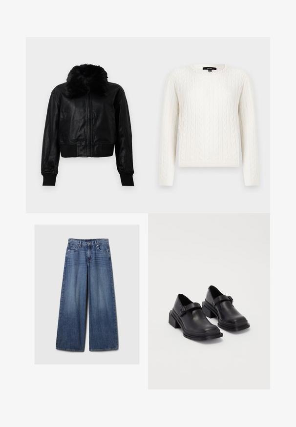 Mustakalla nahkatakki lyhyellä leikkauksella ja tekoturkiskauluksella, jossa on uurrettu hihansuu ja vyötärö. Varustettu etuvetoketjulla ja sivutaskuilla.; Valkoinen kabelineulepullovaihtoehto, jossa on pitkät hihat, pyöreä pääntie ja koristeellinen helmiyksityiskohta kauluksessa. Pehmeä tekstiili ja istuva muotoilu.; Vaaleansiniset, leveälahkeiset farkut, joissa on haalistunut viimeistely. Ne sisältävät napin ja vetskarin, viisi taskua sekä vyölenkit.; Mustat nahkakengät, joissa on pyöreä varvas, litteä pohja ja soljellinen hihna. Paksu lohkopohja lisää vakautta.