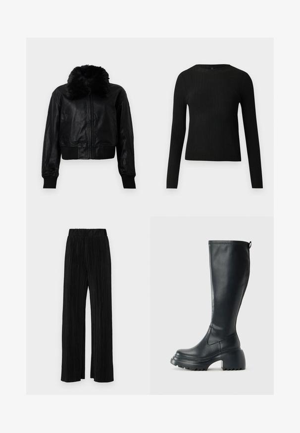 Veste cropped en cuir noir avec un col en fausse fourrure, des poignets à côtes et une taille côtelée. Elle est dotée d'une fermeture éclair à l'avant et de poches latérales.; Pull ajusté noir à manches longues et côtelé avec un col rond, présenté sur un fond clair uni.; Pantalons plissés noirs avec une taille élastique. Présente des jambes larges et un tissu lisse texturé avec des rayures verticales.; Botte en cuir noir haute avec semelle plateforme épaisse et talon carré, dotée d'une languette et d'un motif texturé sur la semelle extérieure.