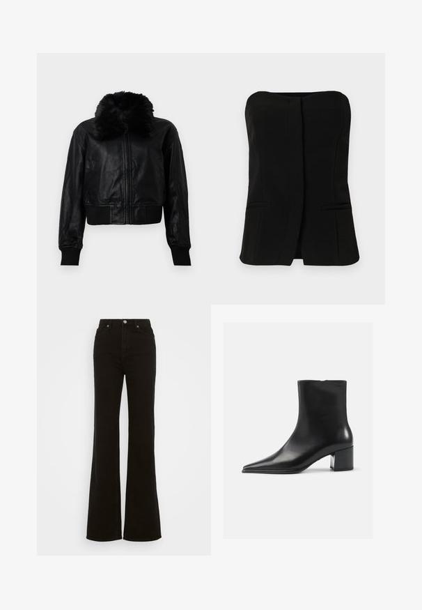 Must mustnahk jope, millel on kunstkarvane krae, soonikute ja vöökoht. Omab ees ziparit ja küljetaskuid.; Must mustata, tanpa varrukatega tipp, sirge kaelustega, eesnööbiga ja kahe peidetud küljetaskuga. Sile kangas ja kohandatud disain.; Kõrge talje ja mustad laiad teksad, mis on valmistatud denimist, neil on nupuga sulgur, küljetaskud ja sile tekstuur.; Must letherist saapad terava varviga, siledast tekstuurist ja keskmise ploki kontsaga. Minimalistlik disain, lukk taga.