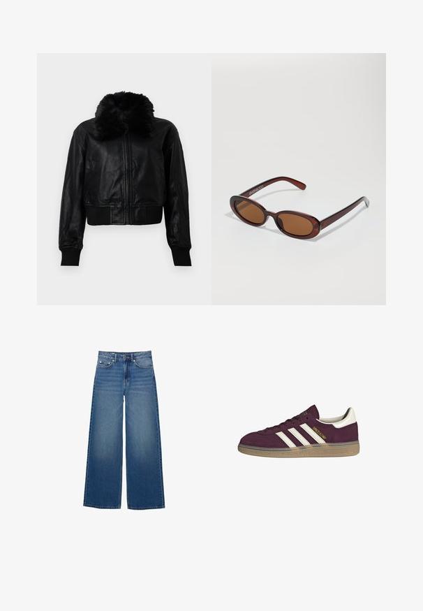 Mustakalla nahkatakki lyhyellä leikkauksella ja tekoturkiskauluksella, jossa on uurrettu hihansuu ja vyötärö. Varustettu etuvetoketjulla ja sivutaskuilla.; Pitkähihainen paita vaaleassa kankaassa, jossa on lievää kerääntymistä sivuilla ja klassinen kaulus. Sujuva rakenne, yksinkertainen muotoilu.; Laivavärvilised laiad teksad, mis on valmistatud denimist, kõrge vöökoha ja õmblustega detailidega ning lihtsa disainiga, millel on kerge pleekimise efekt.; Viininpunaiset mokkasneakerit, joissa on valkoiset kolme raitaa ja vaaleanbeigeä yksityiskohtia. Varustettu teksturoitulla kumipohjalla ja kultaisella brändäyksellä sivussa.; Pyöreät, ruskehtavat aurinkolasit, joissa on kiiltävä burgundinpunainen runko. Kapeat sivut, joissa on hienovarainen brändäys. Litteät linssit.; Ruskean kudottu nahkainen käsilaukku, jolla on löysä, kolmiomainen muoto. Varustettu punotulla kahvalla ja vetoketjukiinnityksellä ylhäällä.