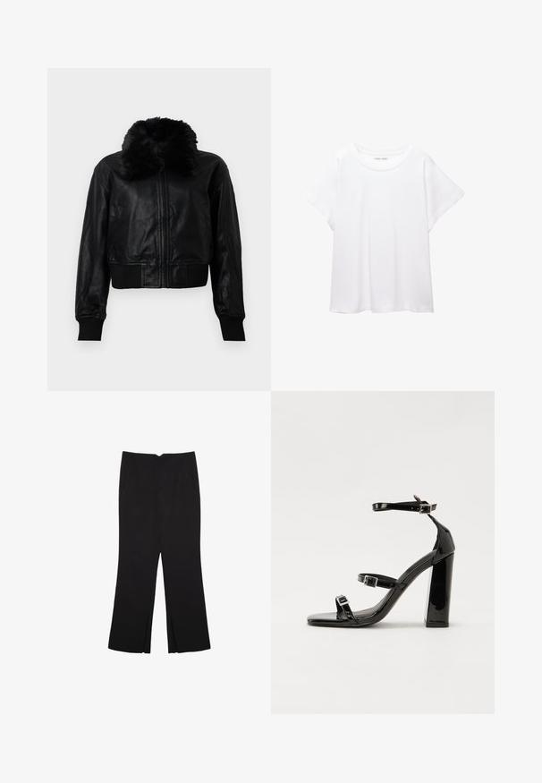 Čierna kožená skrátená bunda s umelým kožuchom, rebrovanými manžetami a pásom. Obsahuje predný zips a bočné vrecká.; Biele tričko vyrobené z mäkkého, ľahkého materiálu. Má okrúhly výstrih a krátke, široké rukávy s uvoľneným strihom. Bez viditeľných vzorov.; Čierne nohavice so strihom rovného strihu, s prednými vreckami a bočnými rozparkami na leme. Vyrobené z mäkkej, hladkej tkaniny. Vhodné na rôzne príležitosti.; Čierne lakované sandále na podpätku so štvorcovou špičkou, navlečenými remienkami okolo členku a striebornými prackami. Disponujú masívnym blokovým podpätkom pre stabilitu.