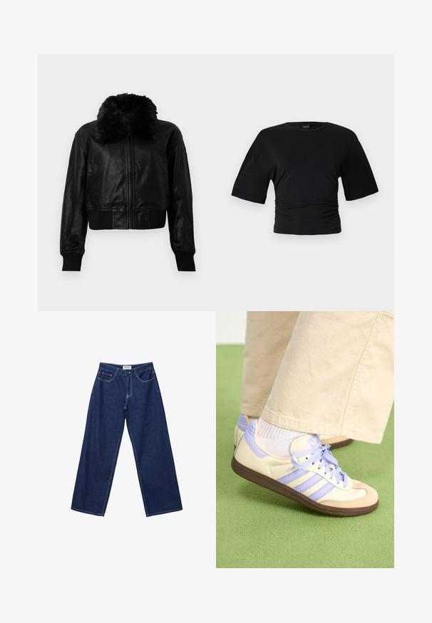 Giubbotto cropped in pelle nera con colletto in pelliccia sintetica, polsini e vita a costine. Presenta una cerniera frontale e tasche laterali.; Gina Tricot SOFT TOUCH RUCHED TEE - T-shirt basic - black; Jeans in denim blu scuro a gamba larga con chiusura a bottone, cinque tasche e cuciture bianche a contrasto. Il tessuto ha una finitura liscia e leggermente texturizzata.; Sneakers crema e lavanda con tre strisce e suola marrone texturizzata, dotati di lacci e tallone imbottito. Parte superiore in tessuto morbido.