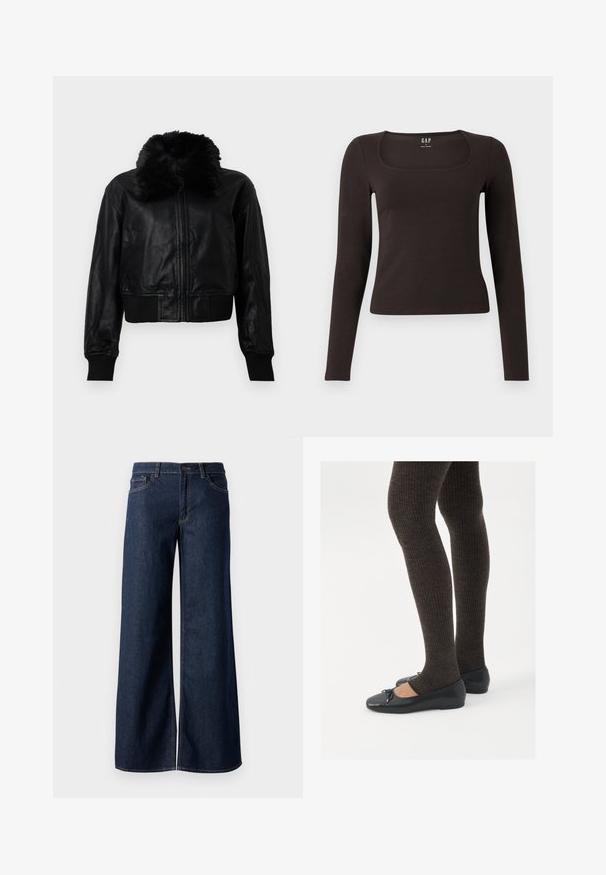 Melnas ādas īsās jakas ar mākslīgās pūkām apšuvumu, ribotām piedurknēm un jostasvietu. Ar priekšējo rāvējslēdzēju un sānu kabatām.; Melnas garās piedurknes, pieguļošs tops ar kvadrātveida apkakli, ar uzrakstu GAP, novietots uz baltā fona.; Platas kājas džinsi tumši zilā denima krāsā. Iespējas ir kontrastējošās vīles, piecas kabatas un pogu aizdare jostasvietā. Gluda tekstūra.; Melnas plakano formas kurpes ar mazu loku uz pirksta, apvienotas ar tumši brūnām ribotām zeķubiksēm. Kurpēm ir gluda tekstūra un zems profils.