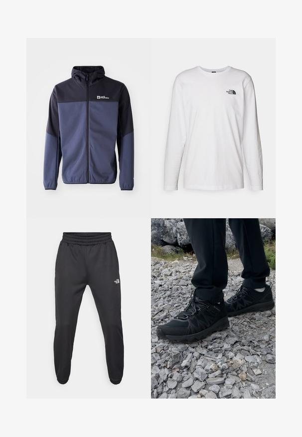 Granatowa kurtka wykonana z miękkiego, teksturowanego materiału; posiada pełny zamek błyskawiczny, kaptur i kontrastującą czarną górną część z logo na piersi.; Biała koszulka z długim rękawem wykonana z bawełny, z okrągłym dekoltem. Posiada małe czarne logo na piersi. Gładka faktura, regularny krój.; Czarne dresy z elastycznym paskiem w talii, zwężanym krojem, elastycznymi mankietami i małym białym logo na lewej udzie, wykonane z gładkiego materiału.; Czarne buty outdoorowe wykonane z siateczki i materiału syntetycznego, z fakturowaną cholewką, zabezpieczonym systemem sznurowania i solidną podeszwą, na skalistym terenie.