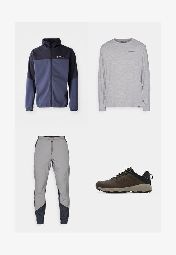 Tamno plava jakna od mekog, teksturiranog materijala; sadrži puni patentni zatvarač, kapuljaču i kontrastni crni gornji deo sa logotipom na prsima.; Svijetlosivi dugi rukav majica od mekanog, teksturiranog materijala. Ima okrugli izrez i mali plavi Patagonia logo na prsima.; Lagane, sive atletske hlače s crnim akcentima. Elastični pojas, zatvaranje na vezicu, dizajn suženih nogavica i bočne džepove.; Smeđe vodootporne tenisice s teksturiranom gornjom i perforiranim detaljima, crnom potporom za petu i sivim gumiranim potplatom. Čipke su stilizirane s metalnim krajevima.