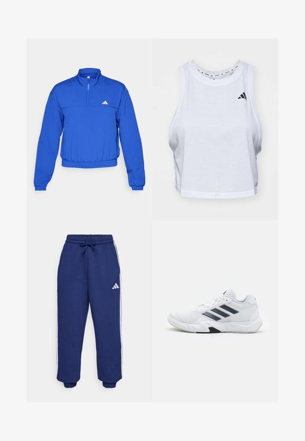 adidas Performance AEROREADY TRAIN ESSENTIALS QUARTER ZIP - Træningsjakke - semi lucid blue; Hvid cropped tank top lavet af letvægtsstof med en rund hals. Har et sort logo på venstre side og en glat tekstur.; Marine sportsbukser lavet af blødt stof, med hvide sidelister, elastisk talje med justerbar snoretræk og elastiske manchetter.; Hvid atletisk sko med mesh-overdel, tre sorte striber på siden, strukturerede accenter og en robust gummisål med et kontrasterende sort område.