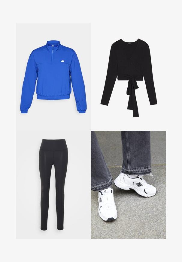 adidas Performance AEROREADY niebieski; Even&Odd - Bluzka z długim rękawem; Czarne legginsy wykonane z elastycznego materiału, z wysokim stanem, dopasowanym krojem i bezszwową konstrukcją, idealne do aktywności fizycznej.; Białe sneakersy New Balance mają cholewkę z siateczki i syntetyku z czarnymi akcentami. Noszone z szarymi dżinsami z postrzępionym dołem na teksturowanej powierzchni.
