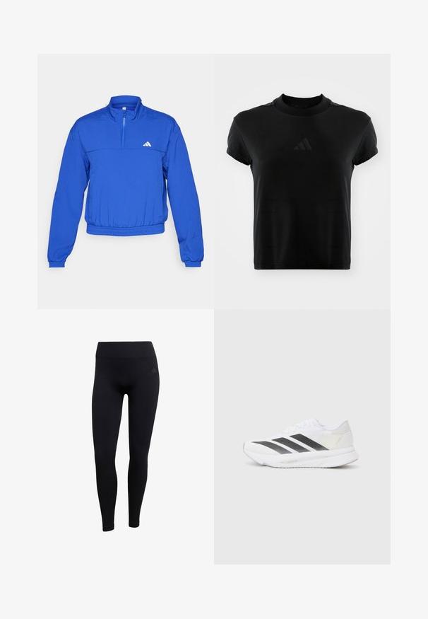 adidas Performance AEROREADY TRAIN ESSENTIALS QUARTER ZIP - Training jacket - semi lucid blue; Black short-sleeve t-shirt made of smooth fabric. Features a round neckline and an embossed Adidas logo on the front.; Black athletic leggings made of stretchy fabric, featuring a high waistband, fitted design, and ribbed ankle cuffs. Subtle brand logo.; White athletic shoe with black diagonal stripes, mesh upper, rounded toe, and textured sole. Accents include a silver heel and minimalistic design.