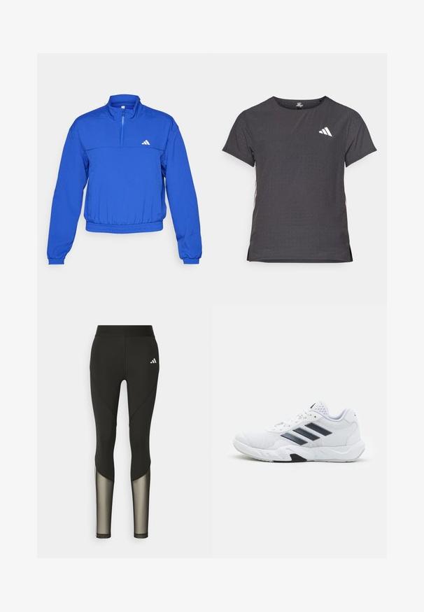 adidas Performance AEROREADY TRAIN ESSENTIALS QUARTER ZIP - Sportovní bunda - semi lucid blue; Kraťasový sportovní tričko, tmavě šedé barvy s perforovanou texturou. Obsahuje bílé logo a kontrastní boční pruhy. Kulatý výstřih.; Černé sportovní legíny s vysokým pasem, které mají síťované prvky na dolních nohavicích a vyšívané logo na boku.; Bílé sportovní boty s vrškem ze síťoviny, třemi černými pruhy po stranách, texturovanými akcenty a odolnou gumovou podrážkou s kontrastní černou částí.