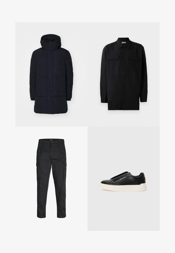 Replay JACKET - Vinterfrakke - black; Sort skjorte med knapper lavet af glat stof, med klassisk krave, to frontlommer og lange ærmer med knapmanchetter.; Sorte cargo-bukser lavet af slidstærkt stof, der har flere lommer, en knaplukning og et slim fit design med smalle ben.; Sort slip-on sneakers med tekstureret læderoverdel, hvid gummisål og uden synlige snørebånd. Har brandlogo på siden.