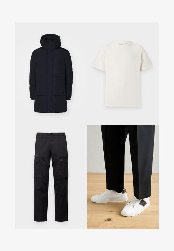 Replay JACKET - Zimní kabát - black; Bílý krátký rukáv tričko s pružnou strukturou. Kulatý výstřih, volný střih, bez viditelných vzorů nebo detailů. Jednoduchý a univerzální design.; Černé cargo kalhoty s několika kapsami, zipovou kapsou na stehnu, přímým střihem a pevnou bavlněnou tkaninou s lehkým leskem.; Bílé tenisky s hladkým povrchem, s hnědými koženými akcenty a černými detaily, kombinované s černými kalhotami na míru. Pozadí tvoří dřevěná podlaha.