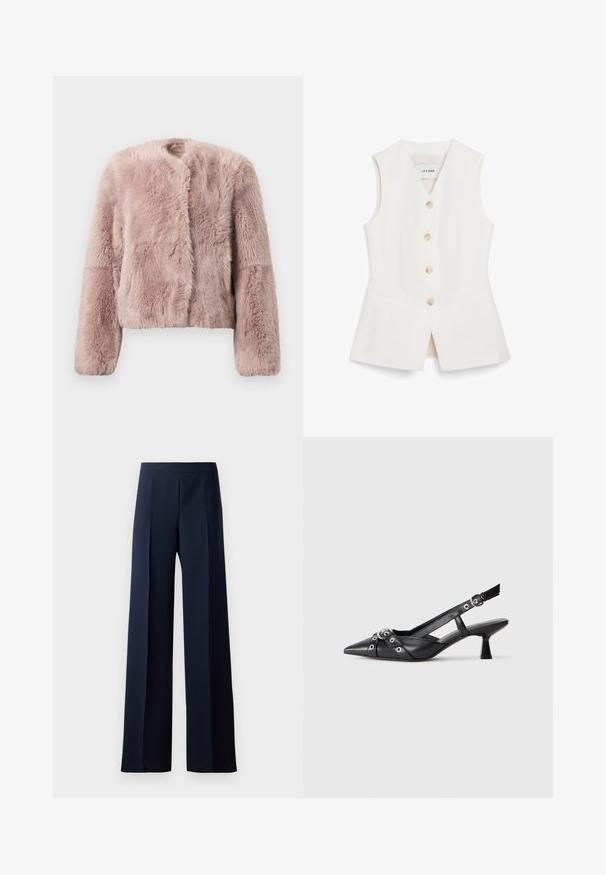 Rosa fuskpälsjacka med en beskuren design, rund halsringning och långa ärmar med varierande texturer genom hela tyget.; Vit ärmlös väst med en figurnära design, sex runda knappar och två framfickor. Tillverkad av ett slätt material med en ren finish.; Vidbenta byxor i mörk marinblått tyg, med en slät textur, subtila framveck och en figursydd midjeband för en strömlinjeformad silhuett.; Svart lädersko med slingback-design, spetsig tå, dekorativa remmar med metallöglor och en låg klack. Texturerad yta.
