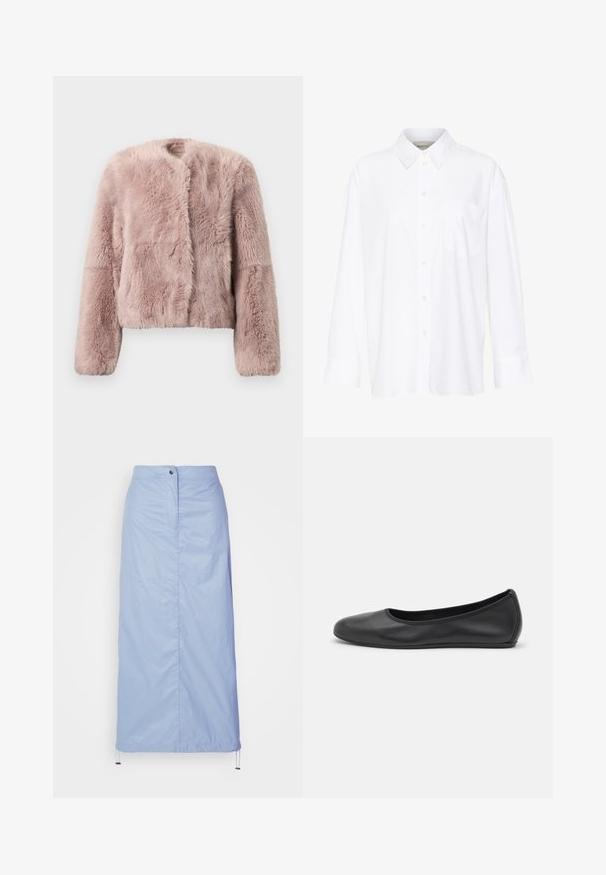 Růžová umělá kožichová bunda s krátkým střihem, kulatým výstřihem a dlouhými rukávy s různými texturami po celé látce.; Bílá košile s dlouhým rukávem a límečkem vyrobená z bavlny. Má knoflíkovou přední část a jedno kapsičku na prsou. Hladký povrch, volný střih.; Světle modrá sukně střední délky vyrobená z hladkého, lehkého materiálu se rovnými liniemi, má přední zapínání na knoflíky a spodní lem se stahovací šňůrkou.; Černé kožené baletní byty s kulatou špičkou, hladkou texturou, minimálními švy a flexibilním designem podrážky.
