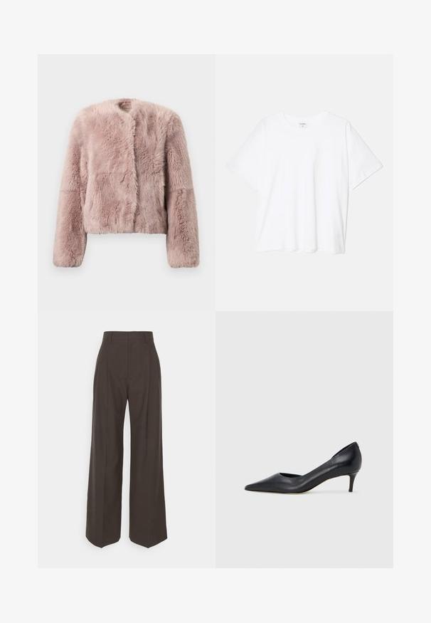 Casaco de pelúcia rosa com design cropped, gola redonda e mangas longas com texturas variadas por todo o tecido.; T-shirt de algodão branco com mangas curtas, decote redondo, corte descontraído e bainha cosida. Etiqueta visível no interior do pescoço.; Calças largas castanhas escuras com cintura alta, apresentando pregas bem vincadas, textura suave e um corte ajustado.; Sapato de salto alto preto em pele com bico fino e salto baixo. Apresenta uma textura suave e brilho subtil. Corte aberto na parte da frente para um detalhe adicional.