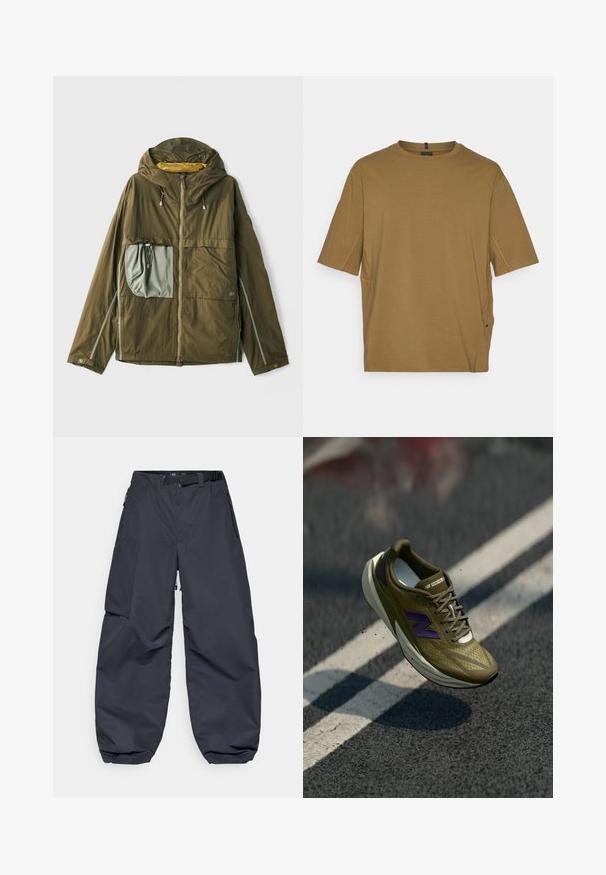 Olivově zelená lehká bunda s kapucí, předním zipem, velkou šedou kapsou, reflexními prvky a nastavitelnými stahovacími šňůrkami na kapuci.; Hnědé tričko s krátkým rukávem vyrobené z měkké tkaniny, s kulatým výstřihem a postranními rozparky pro zvýšení pohodlí. Jednoduchý, nezdobený design.; Tmavě šedé cargo kalhoty vyrobené z měkkého, odolného materiálu. Mají široký, volný střih, několik kapes a pásek na úpravu pasu.; Olivově zelené běžecké boty s prodyšným síťovaným svrškem, fialovými akcenty, reflexním logem a lehkou podrážkou. Obsahují texturované tkaničky.
