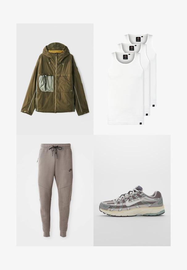 Olive rohelise kerge jakk kapuutsiga, ees lukuga, suur hall tasku, peegeldavad detailid ja reguleeritavad nöörid kapuutsi juures.; Kolm valget ribaga t-särki, mis on valmistatud puuvillast. Omavad ümmargust kaelanõhku ja väikseid musti silte hemme lähedal. Saadaval erinevates suurustes.; Hallide Nike dressipüksid, millel on nööriga vöökoht, kitsenevad sääred, küljetaskud ja eristuv õmbluse detail. Pehme, tekstureeritud kangas.; Hallus hallitus jalanõud, millel on võrgust ja sametist ülemine osa, valged rõhutused, pehme tald ning eristuv disain peegelduvate elementidega.