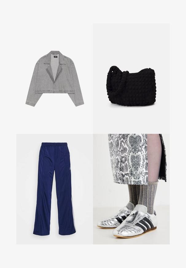 Chaqueta recortada gris de material vaquero, con cuello de muesca, apertura frontal y mangas largas. Diseño minimalista con sutiles detalles de costura.; Camiseta negra de manga corta hecha de algodón suave, con cuello redondo y un corte regular, sin patrones ni detalles visibles.; Pantalones deportivos navy con cintura elástica, piernas rectas y cremalleras laterales. Presentan piping blanco a lo largo de los lados. Textura de tela suave.; Zapatos de fútbol plateados con rayas negras y un diseño elegante, combinados con calcetas de textura gris y oro con costuras y una falda estampada.; Bolsa de tela negra con un patrón texturizado y acolchado. Forma redondeada, asas cortas y gruesas, y una estructura blanda y flexible.