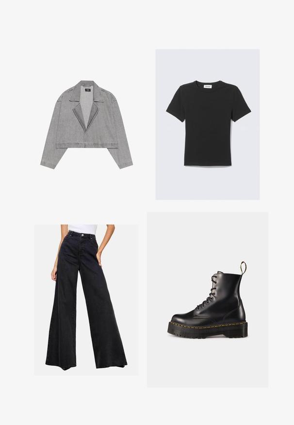 Šedá zkrácená bunda z denimu, s klopovým límcem, otevřeným předním dílem a dlouhými rukávy. Minimalistický design s decentními švy.; Černé tričko s krátkým rukávem z měkké bavlny, s kulatým výstřihem a klasickým střihem, bez viditelných vzorů či zdobení.; Černé široké džíny vyrobené z denimu. Vysoký pas s knoflíkovým zapínáním, vykazující čistý design bez výrazných vzorů nebo akcentů.; Černé kožené kotníkové boty na šněrování s mohutnou černou podrážkou a žlutým prošíváním. Mají poutko na zadní straně a kulaté kovové očko.