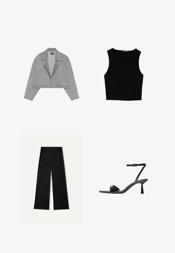 Šedá zkrácená bunda z denimu, s klopovým límcem, otevřeným předním dílem a dlouhými rukávy. Minimalistický design s decentními švy.; Černý bezsleeve crop top vyrobený z hladké tkaniny, s kulatým výstřihem a čistým, jednoduchým designem bez vzorů nebo kovových doplňků.; Bershka WIDE - Kalhoty - black; Bershka Sandály na vysokém podpatku - black