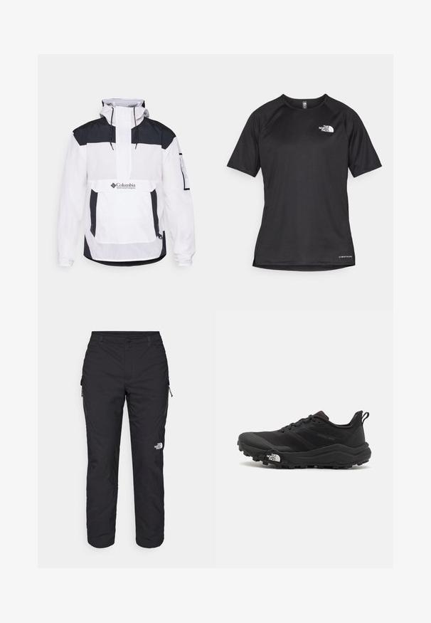 Valkoinen ja musta Columbia-takki hupulla, puolivetoketjulla edessä, etutaskulla ja joustavilla hihansuille. Valmistettu kevyestä materiaalista.; Mustat lyhythihaiset urheilupaidat, joissa on teksturoitu kangas, valkoisella logolla vasemmassa rinnassa ja suora helma.; The North Face WINTER EXPLORATION TAPERED CARGO - Ulkohousut - black; Musta maastojuoksukengät, joissa on teksturoitu päällinen, kumipohja ja vahvistettu varvastoppia. Varusteena pehmustettu nilkkakappale ja vetotappi helppoa pukemista varten.