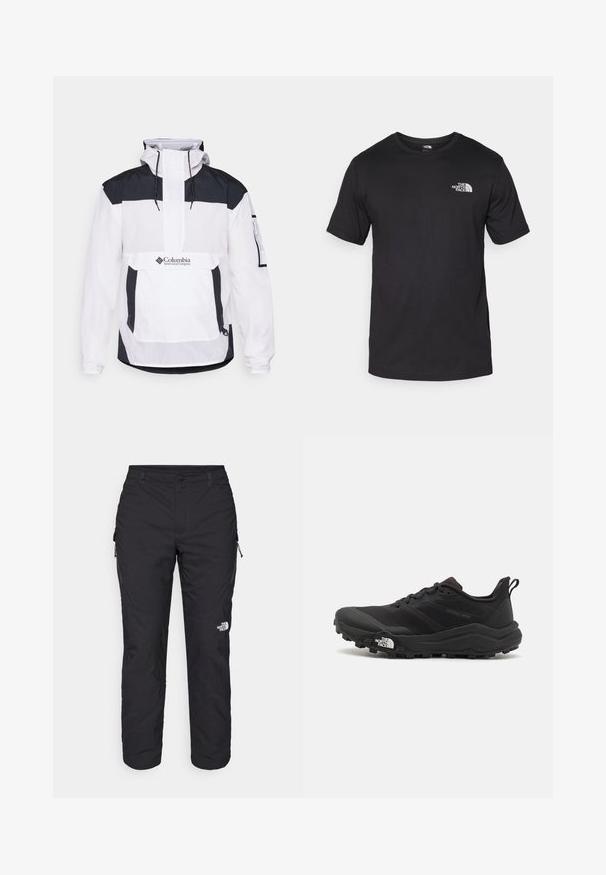 Hvid og sort Columbia jakke med hætte, halv-l Fertig front, lomme foran og elastiske manchetter. Fremstillet af letvægtsmateriale.; Sort kortærmet t-shirt lavet af bomuld, med rund halsudskæring og et lille hvidt logo på den øverste venstre brystområde.; The North Face WINTER EXPLORATION TAPERED CARGO - Outdoorbukser - black; Sort trail løbesko med en struktureret overdel, gummisål og forstærket tåhætte. Har en polstret krave og en pull-tab til nem påtagning.