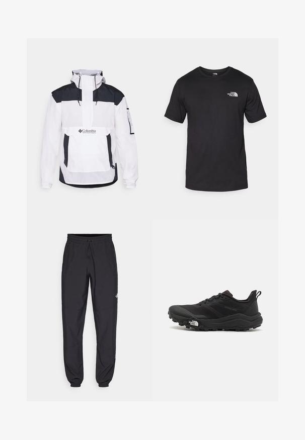 Hvitt og svart Columbia-jakke med hette, halv-zip foran, frontlomme og elastiske mansjetter. Laget av lett materiale.; Svart kortermet t-skjorte laget av bomull, med rund hals og en liten hvit logo på øvre venstre brystområde.; Sorte idrettsbukser laget av lett stoff, med snor i livet, sidelommer og smale mansjetter ved anklene.; Svart terrengløpesko med teksturert overdel, gummisåle og forsterket tåhette. Har polstret krage og løftestropp for enkel påkledning.