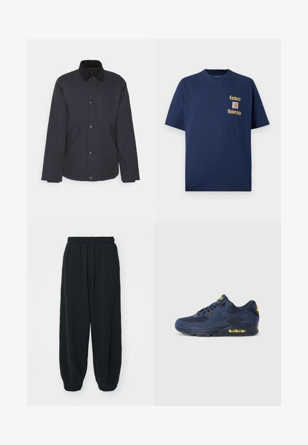 Marineblaue Jacke mit schwarzem Kragen, vorne mit Knopfverschluss, zwei seitlichen Taschen und einem strukturierten Stoff für Langlebigkeit.; Marineblaue Baumwoll-T-Shirt mit kurzen Ärmeln, mit goldener Schrift "Carhartt University" und einem Logo-Patch auf der linken Brust.; Schwarze Sweatpants mit elastischem Bund, lockerer Passform, gerippten Beinabschlüssen, glatter Textur und ohne sichtbare Muster oder Hardware-Akzente.; Dunkelblaue Nike Air Max Sneaker mit Obermaterial aus Wildleder und Mesh, ausgestattet mit gelben Akzenten, Schnürung vorne und sichtbarer Luftpolsterung in der Sohle.