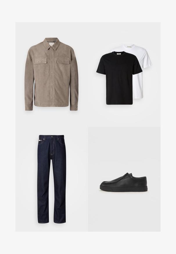 Light brown suede jacket with a collared neckline, two chest pockets, and button closure. Smooth texture and straight fit design.; Two plain cotton T-shirts, one black placed in front of a white one, both with short sleeves and round necklines.; Dark blue denim jeans with a straight-leg design, featuring a button fly, five pockets, and contrasting stitching details.; Black leather slip-on shoe with a rounded toe, stitched detailing, and black rubber sole. Smooth texture with minimalistic design.