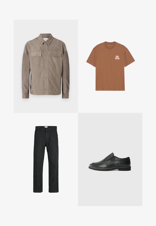 Világosbarna velúr dzseki, galléros nyakkal, két mellzsebbel és gombos záródással. Simaszerű textúra és egyenes fazon.; Barna, rövid ujjú pamut póló, pink napgrafikával és "SOLAR" felirattal a bal mellen. Kerek nyakú dizájn.; Fekete nadrág tartós anyagból, egyenes szárú kialakítással, varrott díszítésekkel és két elülső zsebbel a funkciók érdekében.; Fekete bőr, slip-on cipő sima felsőrésszel, varrott díszítéssel, lekerekített orral és alacsony gumitalppal. A talpa minimális bordázattal rendelkezik.