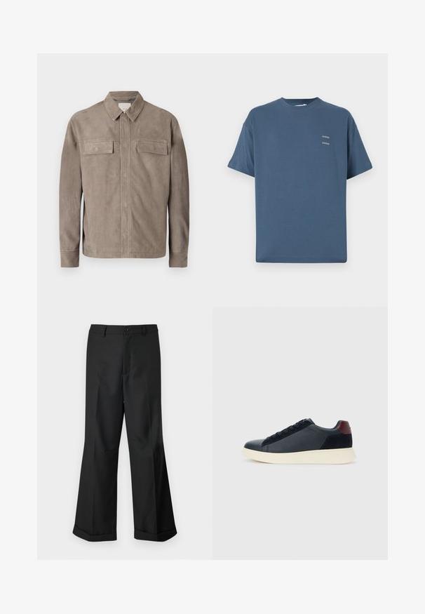 Gaiši brūnas zamšādas jakas ar apkakles kaklu, divām krūšu kabatām un pogu aizdari. Gluda tekstūra un taisna piegriezuma dizains.; Zilas kokvilnas T-krekls ar klasisku apaļu kaklu, īsām piedurknēm, brīvu piegriezumu un diviem maziem apdrukātiem logo uz krūtīm. Gluda tekstūra.; Melni plaši bikses ar pogājam jostu un apakšdaļu ar aprocēm, izliktas uz vienkārša balta fona.; Zemāko vīriešu sporta apavu modelis melnā ādas un zamša apdarē ar bordo krāsas papēža cilpu un baltu gumijas zoli, skatoties no ārējās puses.