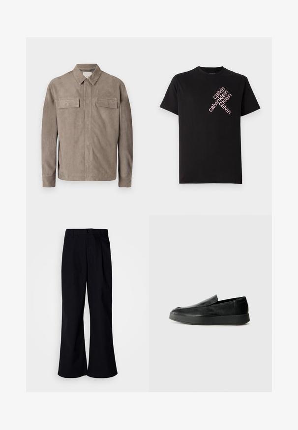 Light brown suede jacket with a collared neckline, two chest pockets, and button closure. Smooth texture and straight fit design.; Black cotton T-shirt featuring a diagonal pink "calvin klein" logo print on the front. Short sleeves and rounded neckline.; Black wide-leg trousers made of cotton with a front pleat, featuring a button closure and belt loops, smooth texture, and no visible patterns.; Calvin Klein HYBRID CUP - Slip-ons - triple black