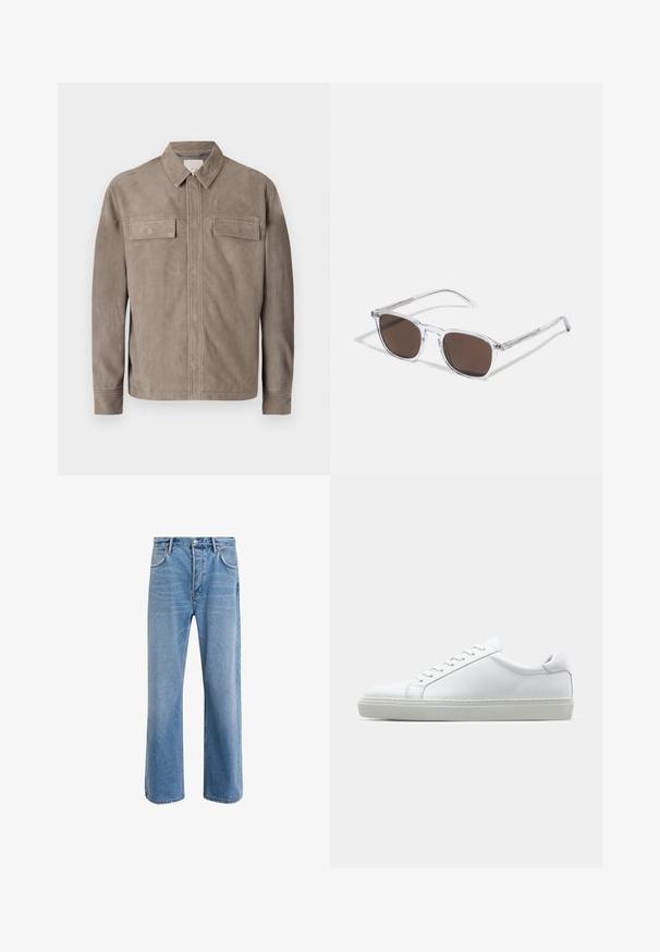 Lysbrun ruskindsjakke med krave, to brystlommer og knaplukning. Glat tekstur og lige pasform design.; Langærmet hvid bomulds skjorte med rund halsudskæring, sideslids i bunden og en glat overflade, vist bagfra.; Lyseblå denim jeans med lige ben-design, fem lommer, knaplukning, minimal falming og kontraststingdetaljer.; Hvide sneakers med en glat læderoverdel og lav profil. Har en rund tå, seks snørehuller og en tekstureret gummisål.; Klare plastik solbriller med rektangulære brune linser, med tynde, transparente stænger og metal accenter på templerne.