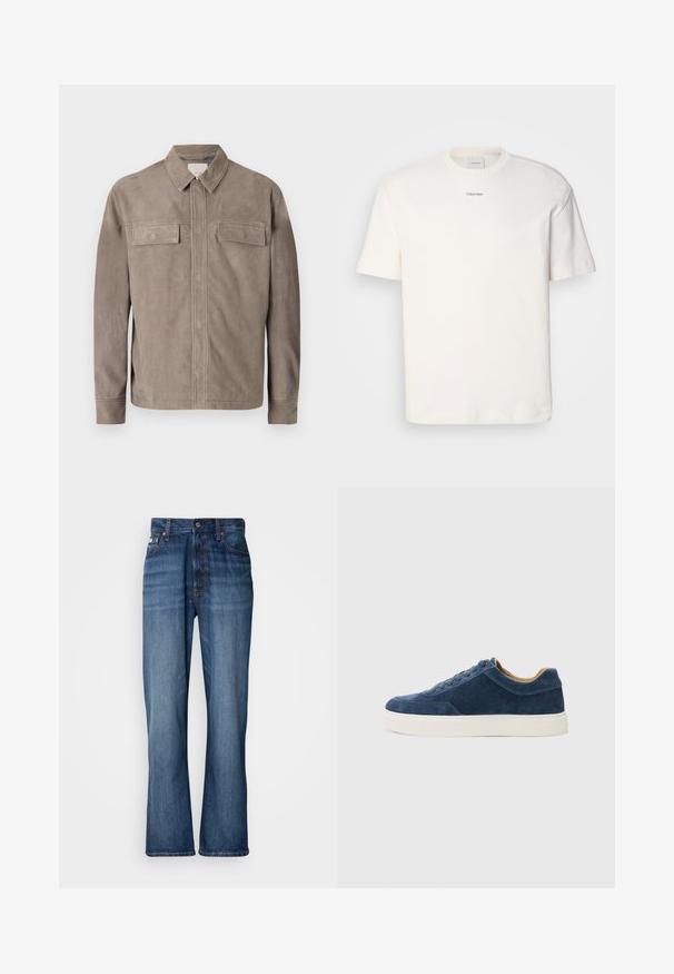 Helepruun nubukjast, millel on kraega kaelus, kaks rinna(tasku) ja nööbiga sulgemine. Sujuv tekstuur ja sirge lõikega disain.; Valge puuvillane T-särk, millel on ümar kaelus, lühikesed varrukad ning rinnas keskel tikitud "Calvin Klein" logo. Üksluisus.; Sinine denim kangas, kõrge vöökoht, laienevad sääred, viie tasku disain ja tooni õmblused. Omab nööpidega sulgemist ja poppers taskuid.; Sinine sametist tennis, millel on valge kummist tall, nööbid, ümar varvas ja kontrastne pruuni siseosa. Peened õmblusdetailid.