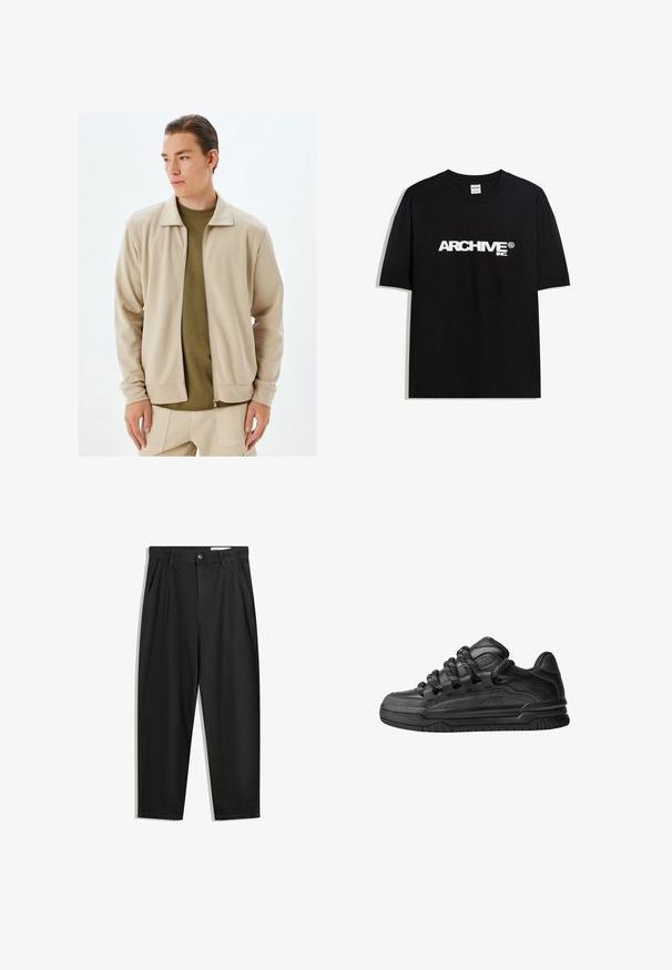 Koton Kevyt takki - beige; Musta puuvillainen T-paita, jossa on valkoinen "ARCHIVE inc." -logo rinnassa, lyhyet hihat ja pyöreä kaula-auko.; Mustat puuvillahousut rentoa mallia, joissa on klassinen vyötärö, etukangastukset ja sivutaskut. Sileä pinta ilman kuvioita.; Mustat tennarit, joissa on sileä nahkapinta, teksturoituja yksityiskohtia ja pyöreät musta-valkoiset nauhat. Paksu kumipohja, jossa on kuvioitu pinta.