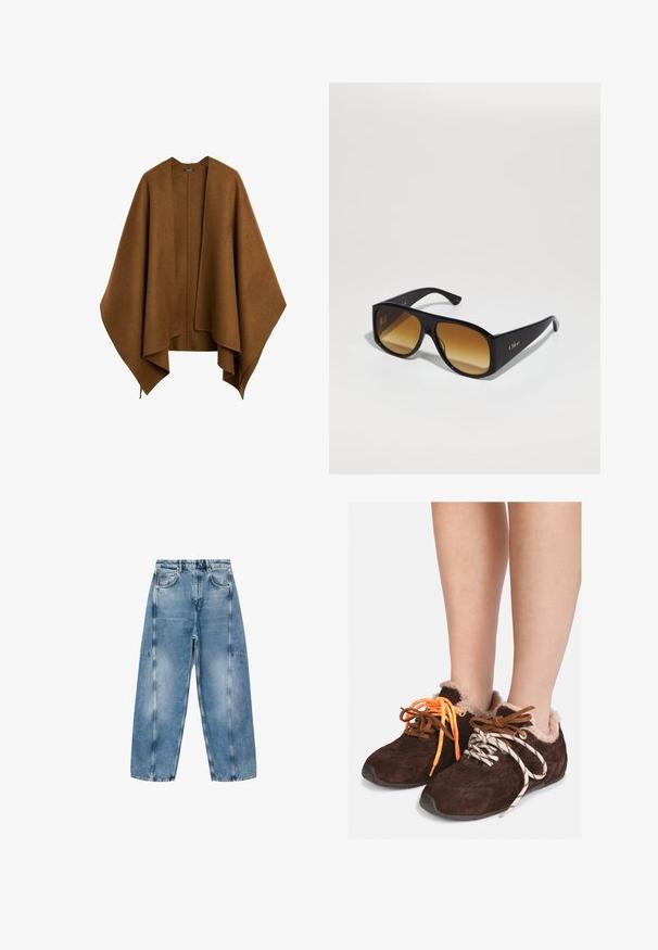 Brun, overdimensioneret, ustruktureret sjal lavet af blødt stof. Har en dyb V-udskæring og flydende ærmer med et draperet design.; Grå cropped sweater lavet af blødt, fuzzy materiale. Har lange ærmer og en rund halsudskæring med en glat, let tekstur.; Hvid kortærmet T-shirt lavet af blød bomuld, med rund halsudskæring og en afslappet pasform med omfoldede kantdetaljer. Ingen mønstre eller accenter.; Lysblå denim jeans har en afslappet pasform, store lommer og kontrasterende syninger. Stoffet har en falmet finish med en glat overflade.; Brune ruskinds slipsko med pelsfoder, båret uden sokker, med forskelligfarvede snørebånd: et orange og et hvidt med sorte striber.; Sorte rektangulære solbriller med brune gradientlinser. Lavet af plast, med en glat overflade og et diskret guld logo på stangen.